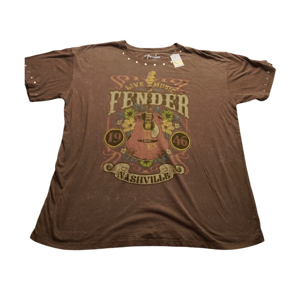 Fender Nashville Graphic T-Shirt Women's XL Brown Mineral Wash Studded New NWT